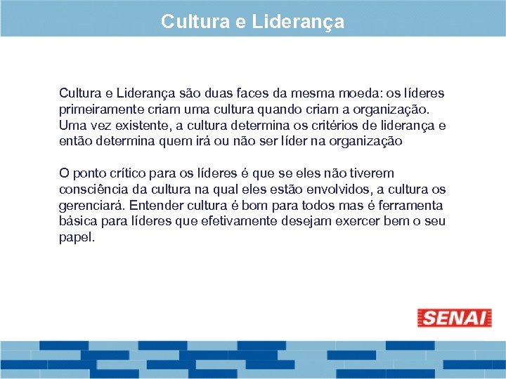 Cultura e Liderança são duas faces da mesma moeda: os líderes primeiramente criam uma