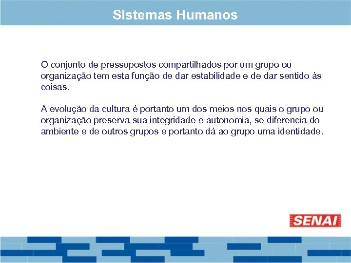 Sistemas Humanos O conjunto de pressupostos compartilhados por um grupo ou organização tem esta