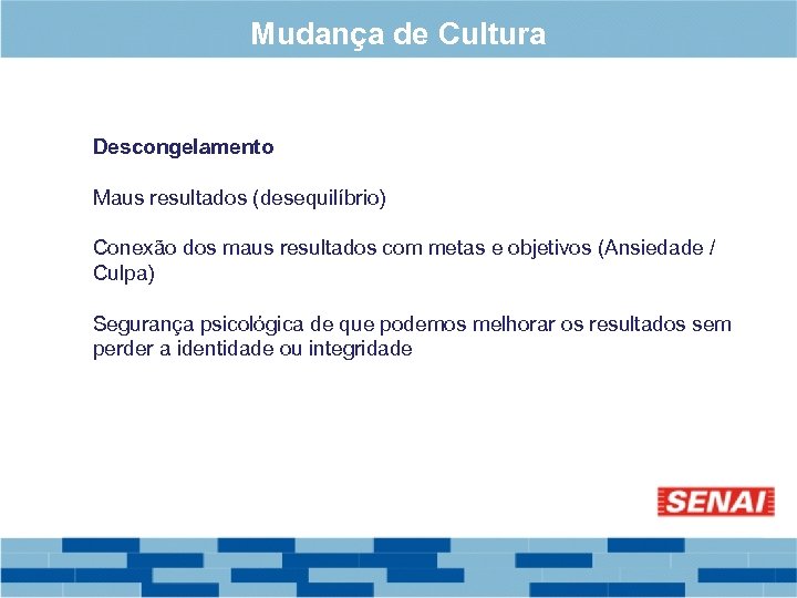 Mudança de Cultura Descongelamento Maus resultados (desequilíbrio) Conexão dos maus resultados com metas e