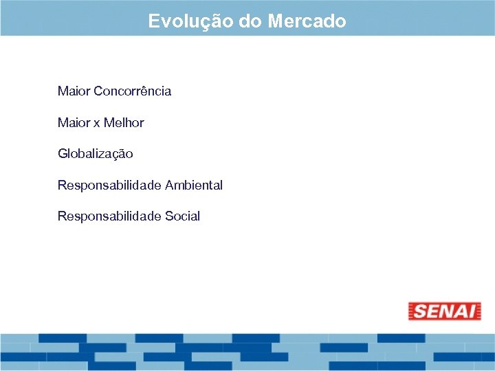 Evolução do Mercado Maior Concorrência Maior x Melhor Globalização Responsabilidade Ambiental Responsabilidade Social 