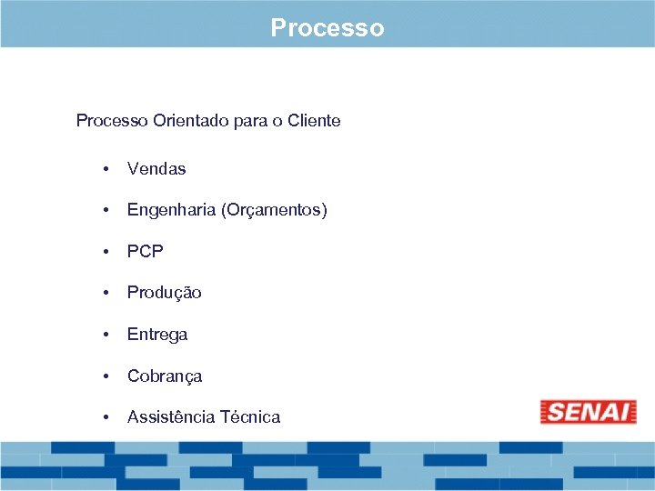 Processo Orientado para o Cliente • Vendas • Engenharia (Orçamentos) • PCP • Produção