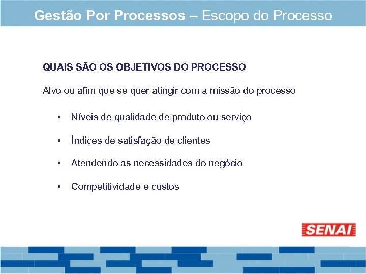 Gestão Por Processos – Escopo do Processo QUAIS SÃO OS OBJETIVOS DO PROCESSO Alvo