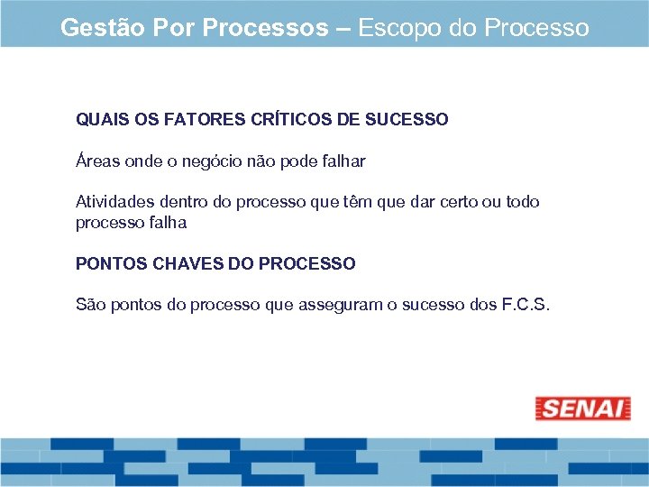 Gestão Por Processos – Escopo do Processo QUAIS OS FATORES CRÍTICOS DE SUCESSO Áreas