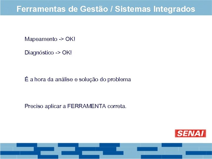 Ferramentas de Gestão / Sistemas Integrados Mapeamento -> OK! Diagnóstico -> OK! É a