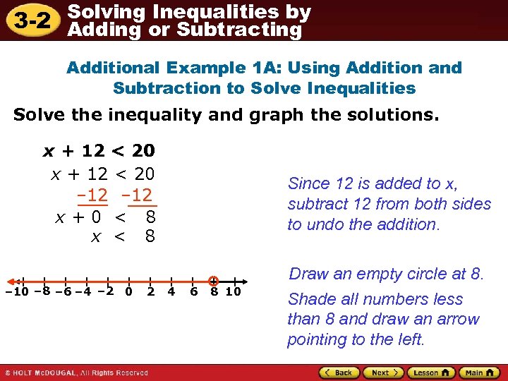 Solving Inequalities by 3 -2 Adding or Subtracting Additional Example 1 A: Using Addition