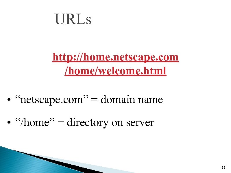 URLs http: //home. netscape. com /home/welcome. html • “netscape. com” = domain name •