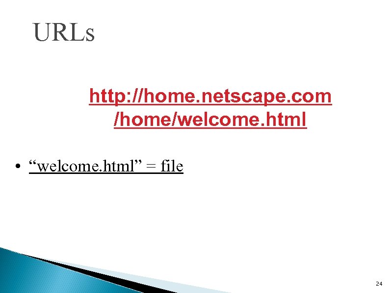 URLs http: //home. netscape. com /home/welcome. html • “welcome. html” = file 24 