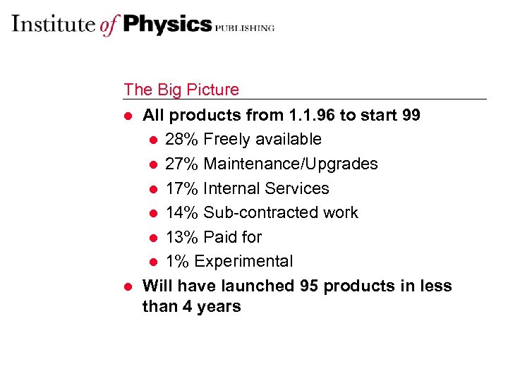 The Big Picture l All products from 1. 1. 96 to start 99 l