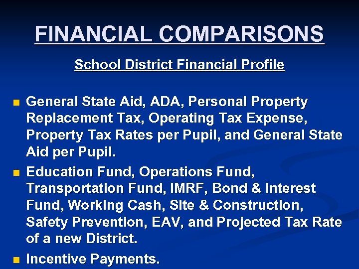FINANCIAL COMPARISONS School District Financial Profile n n n General State Aid, ADA, Personal