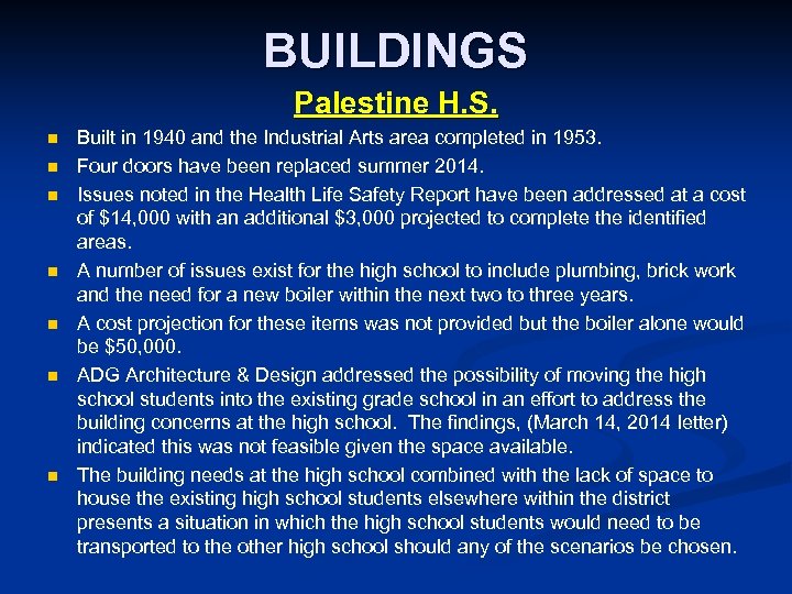 BUILDINGS Palestine H. S. n n n n Built in 1940 and the Industrial