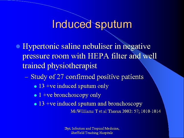 Induced sputum l Hypertonic saline nebuliser in negative pressure room with HEPA filter and