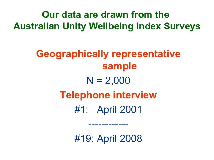 Our data are drawn from the Australian Unity Wellbeing Index Surveys Geographically representative sample