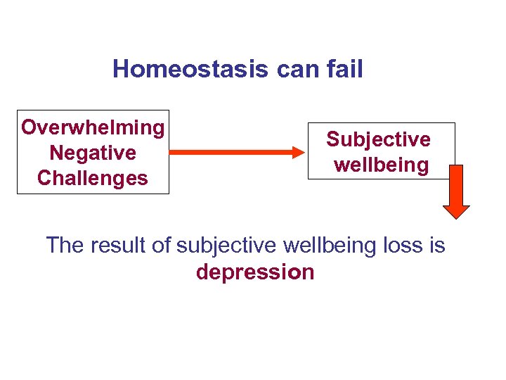 Homeostasis can fail Overwhelming Negative Challenges Subjective wellbeing The result of subjective wellbeing loss