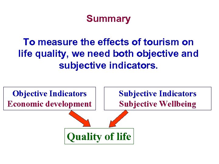 Summary To measure the effects of tourism on life quality, we need both objective