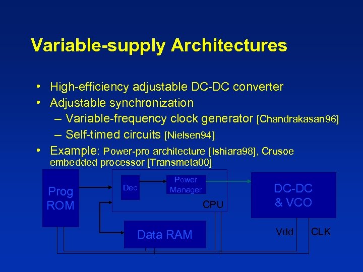 Variable-supply Architectures • High-efficiency adjustable DC-DC converter • Adjustable synchronization – Variable-frequency clock generator