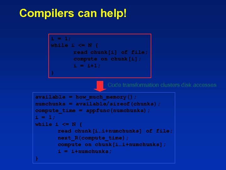 Compilers can help! i = 1; while i <= N { read chunk[i] of