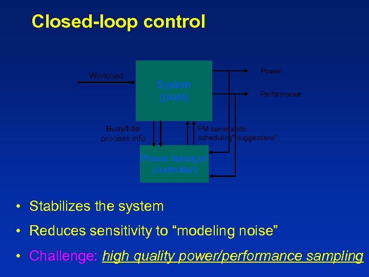 Closed-loop control Power Workload System (plant) Busy/Idle process info Performance PM commands scheduling” suggestions”
