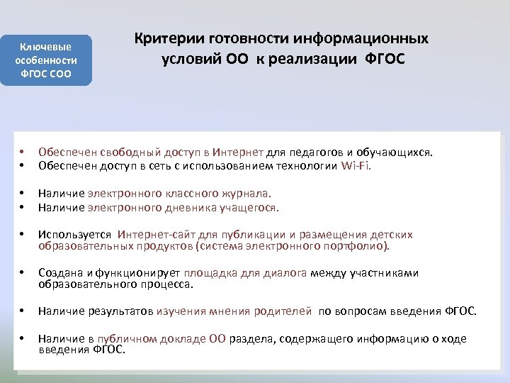 Ключевые особенности ФГОС СОО Критерии готовности информационных условий ОО к реализации ФГОС • •