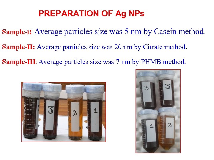 PREPARATION OF Ag NPs Sample-I: Average particles size was 5 nm by Casein method.