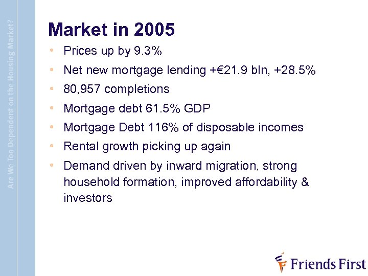 Market in 2005 • Prices up by 9. 3% • Net new mortgage lending