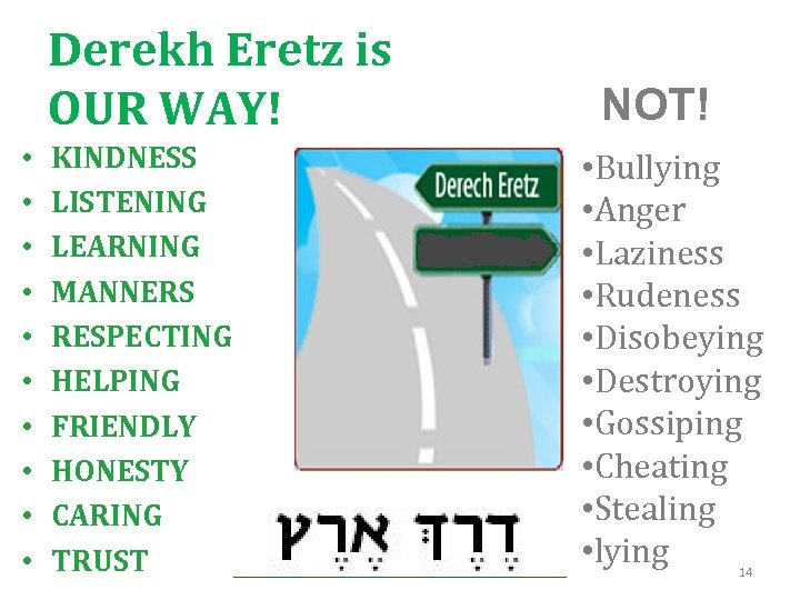 Derekh Eretz is OUR WAY! • • • KINDNESS LISTENING LEARNING MANNERS RESPECTING HELPING