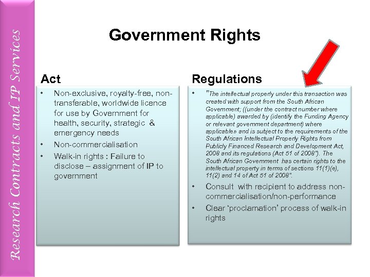 Research Contracts and IP Services Government Rights Act Regulations • • Non-exclusive, royalty-free, nontransferable,