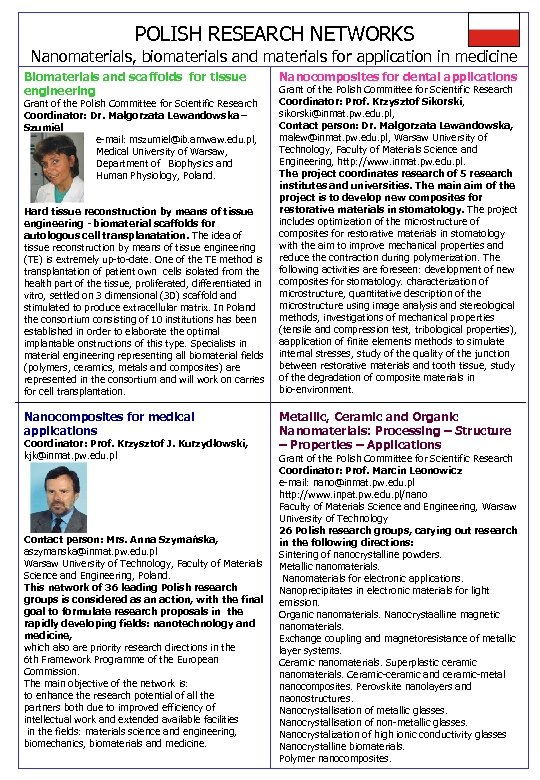 POLISH RESEARCH NETWORKS Nanomaterials, biomaterials and materials for application in medicine Biomaterials and scaffolds