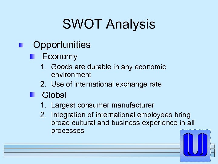 SWOT Analysis Opportunities Economy 1. Goods are durable in any economic environment 2. Use