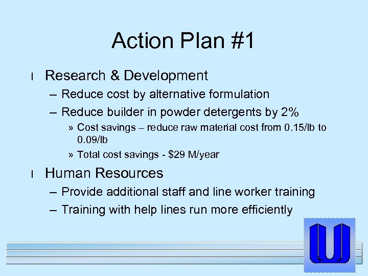 Action Plan #1 l Research & Development – Reduce cost by alternative formulation –