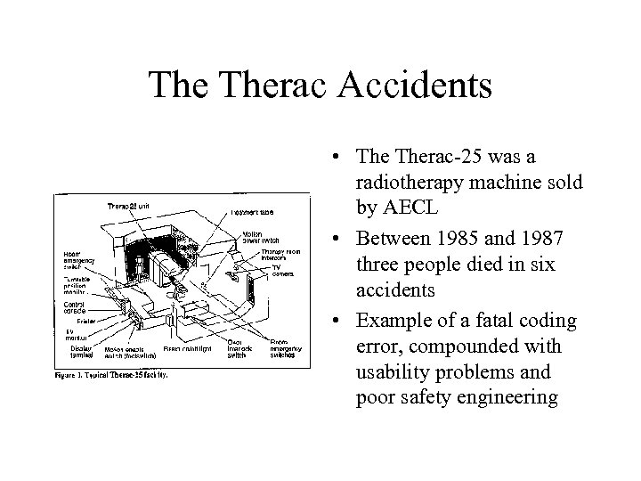 The Therac Accidents • Therac-25 was a radiotherapy machine sold by AECL • Between