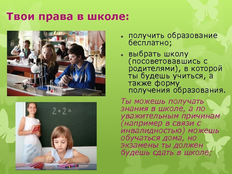 Твои права в школе: получить образование бесплатно; выбрать школу (посоветовавшись с родителями), в которой