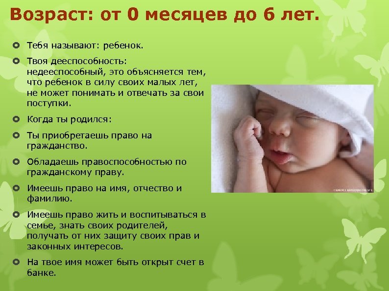 Возраст: от 0 месяцев до 6 лет. Тебя называют: ребенок. Твоя дееспособность: недееспособный, это