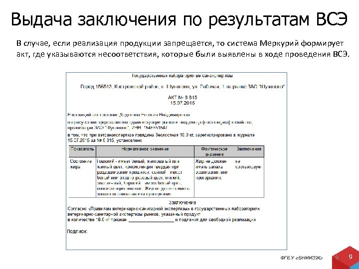 Выдача заключения по результатам ВСЭ В случае, если реализация продукции запрещается, то система Меркурий