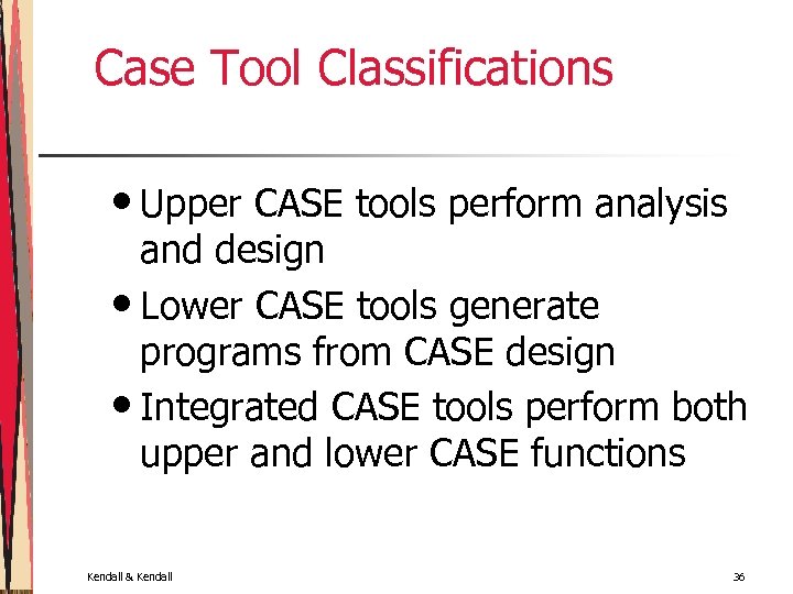 Case Tool Classifications • Upper CASE tools perform analysis and design • Lower CASE