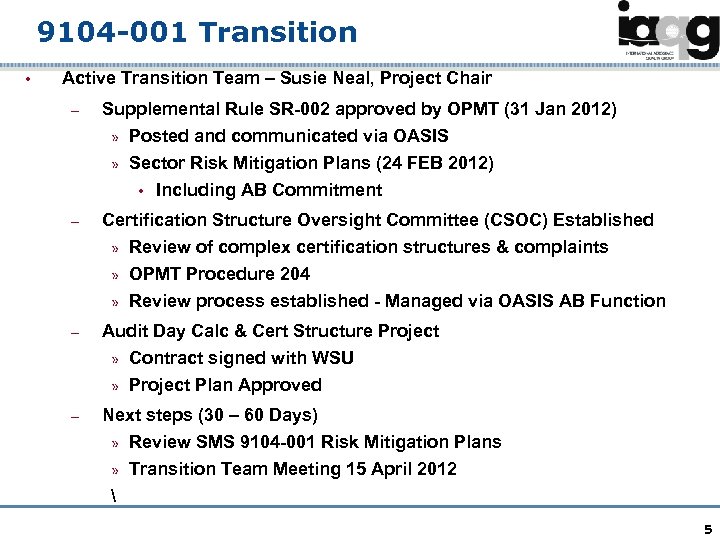 9104 -001 Transition • Active Transition Team – Susie Neal, Project Chair – Supplemental