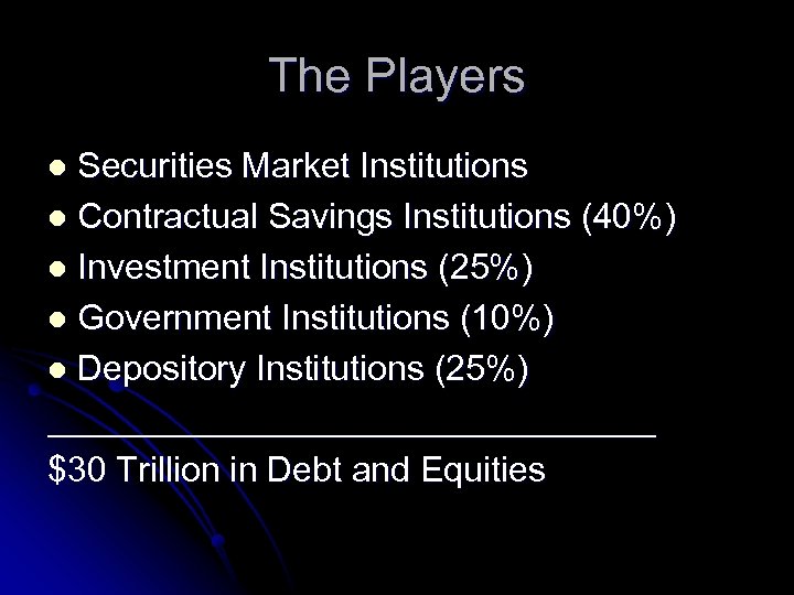 The Players Securities Market Institutions l Contractual Savings Institutions (40%) l Investment Institutions (25%)