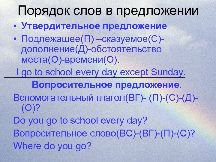 Порядок слов в предложении • Утвердительное предложение • Подлежащее(П) –сказуемое(С)дополнение(Д)-обстоятельство места(О)-времени(О). I go to