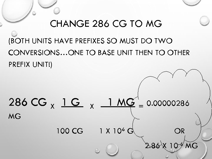 CHANGE 286 CG TO MG (BOTH UNITS HAVE PREFIXES SO MUST DO TWO CONVERSIONS…ONE