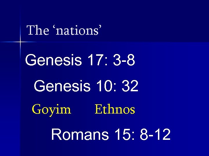 The ‘nations’ Genesis 17: 3 -8 Genesis 10: 32 Goyim Ethnos Romans 15: 8