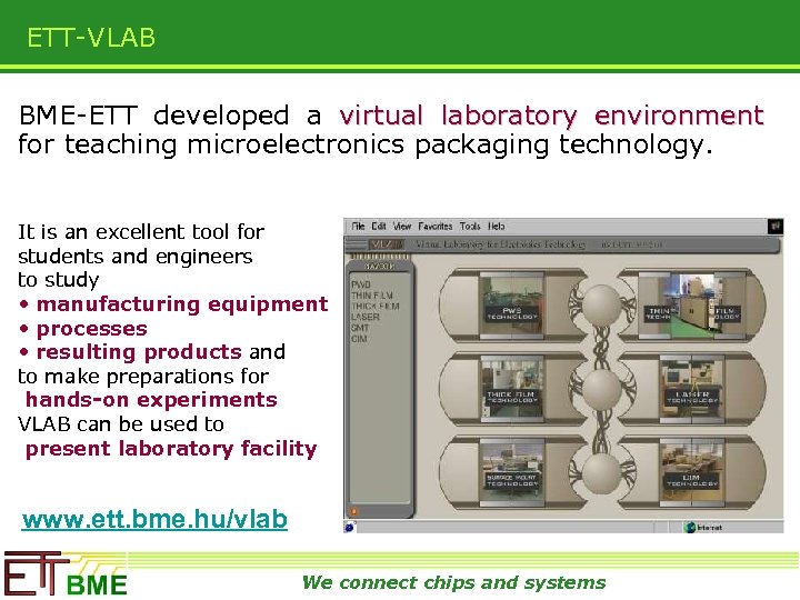 ETT-VLAB BME-ETT developed a virtual laboratory environment for teaching microelectronics packaging technology. It is