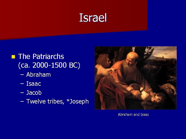 Israel n The Patriarchs (ca. 2000 -1500 BC) – – Abraham Isaac Jacob Twelve