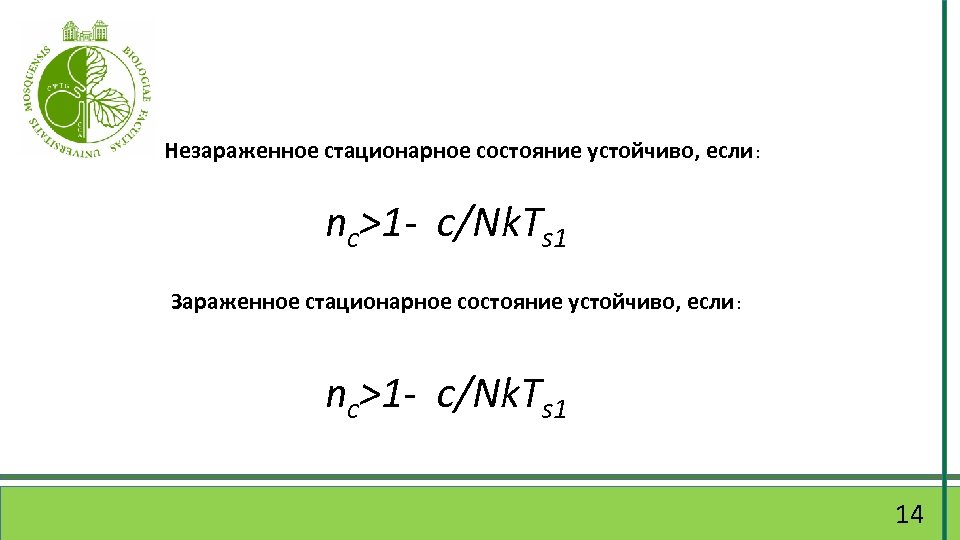 Незараженное стационарное состояние устойчиво, если: nc>1 - c/Nk. Ts 1 Зараженное стационарное состояние устойчиво,