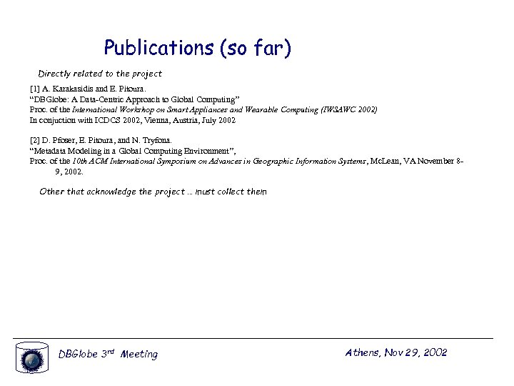 Publications (so far) Directly related to the project [1] A. Karakasidis and E. Pitoura.