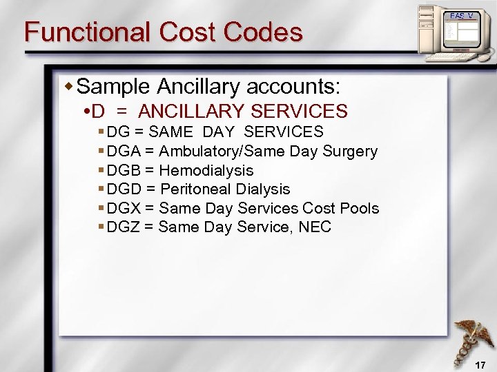 Functional Cost Codes w Sample Ancillary accounts: D = ANCILLARY SERVICES § DG =