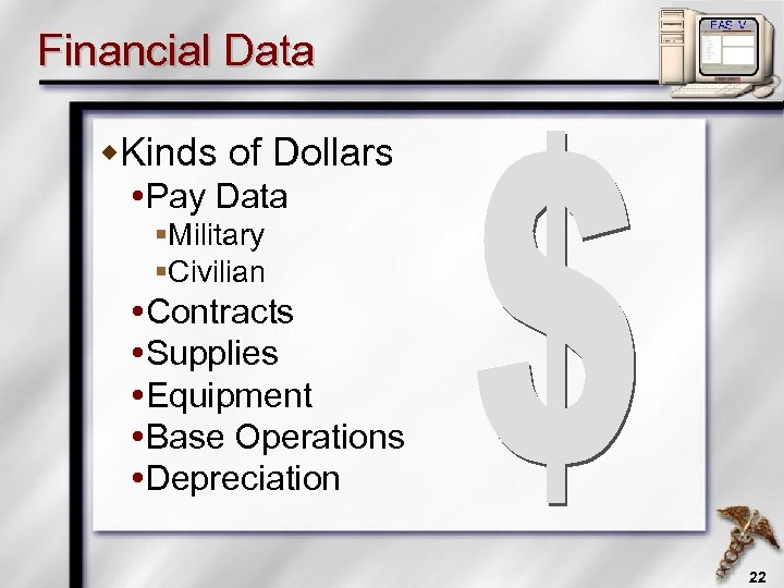 Financial Data w. Kinds of Dollars Pay Data §Military §Civilian Contracts Supplies Equipment Base