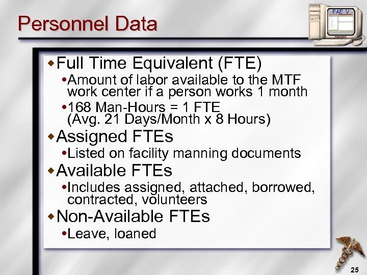 Personnel Data w. Full Time Equivalent (FTE) Amount of labor available to the MTF