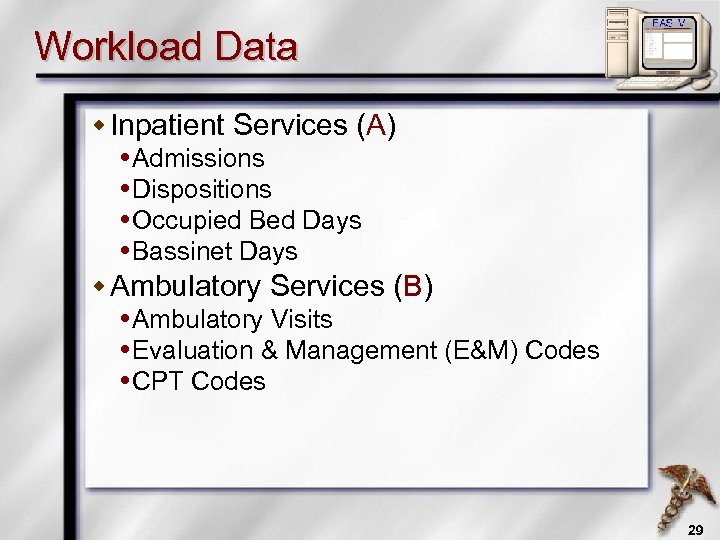 Workload Data w Inpatient Services (A) Admissions Dispositions Occupied Bed Days Bassinet Days w