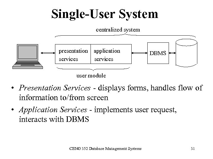 Single-User System centralized system presentation services application services DBMS user module • Presentation Services