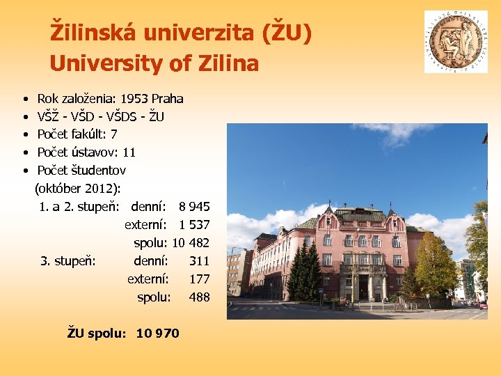 Žilinská univerzita (ŽU) University of Zilina • Rok založenia: 1953 Praha • VŠŽ -