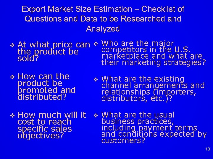 Export Market Size Estimation – Checklist of Questions and Data to be Researched and